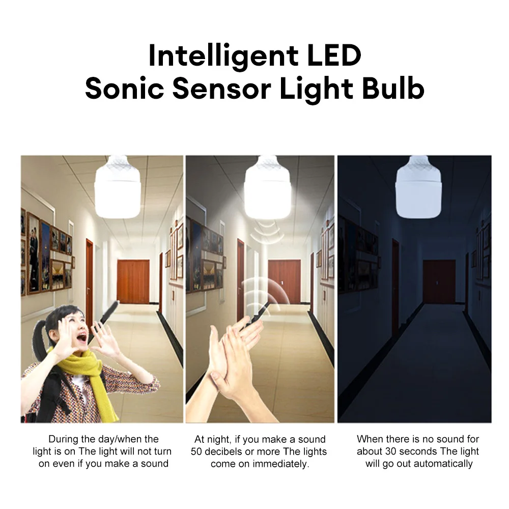LED E27 Sound Sensor Lamp Motion Sensor Lamp 10W 20W 30W Voice Contorl Lamp Stair Entrance Corridor Hallway Light 6500K Light