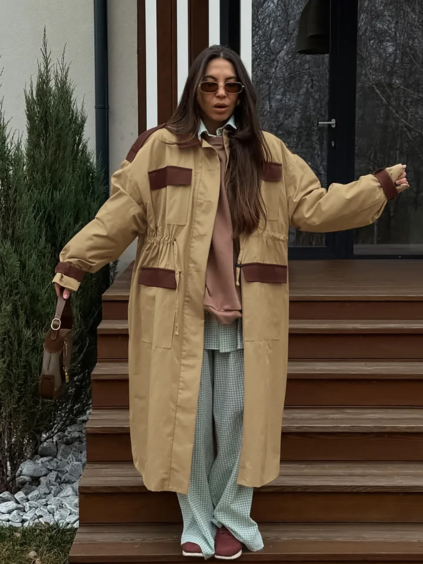 Siren Chic Vintage British Style Khaki Long Trench Coat Women's Contrast Lapel Design Loose Fit Autumn  Jacket Outerwear