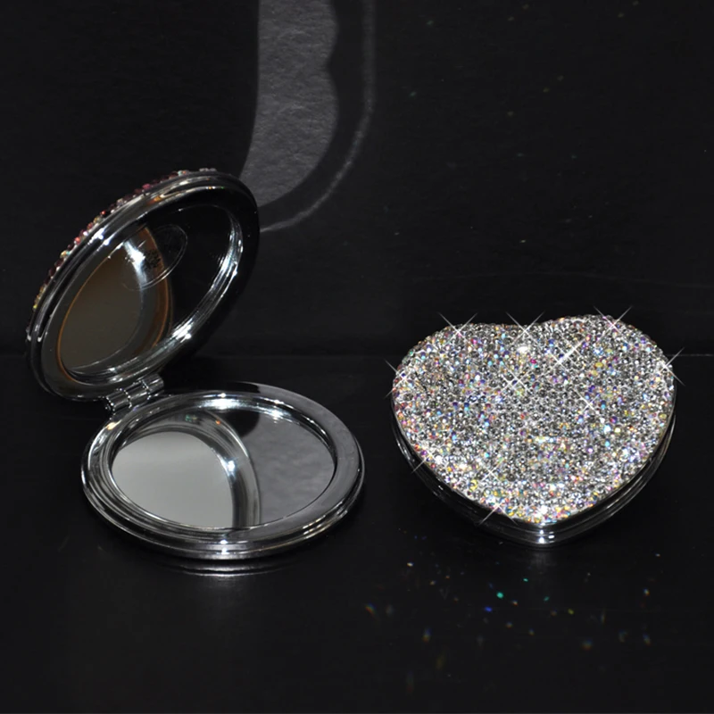 Crystal Rhinestone Round/Heart Double Sided Vanity Mirror Portable Mini Foldable Vanity Mirror Rose Gold Silver Small Mirror