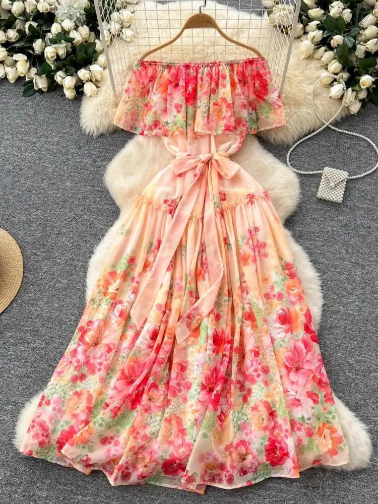 

Women Sexy Off Shoulder Long Dress Summer Lotus Leaf Edge Splicing Elegant Printed Chiffon Dresses Ladies Slash Neck Beach Robe