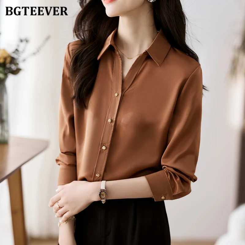 

BGTEEVER Stylish Turn-down Collar Women Single-breasted Chiffon Shirts Casual Long Sleeve Loose Women Blouses Autumn Ladies Tops