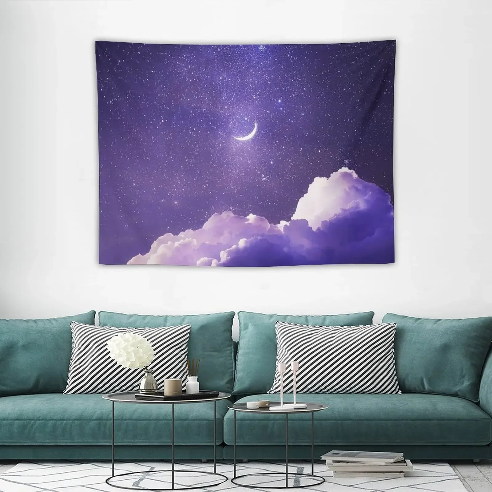 ดาวสีม่วง Dreamy Night Sky Cloud Pastel ความงาม Space Galaxy Moon Tapestry ตกแต่งห้องความงาม Tapestry