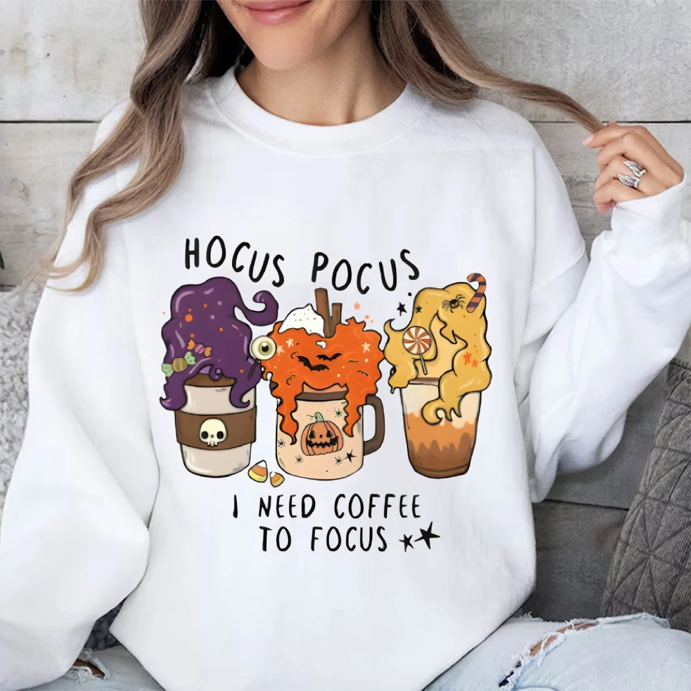 โฮคัส โพคัสกาแฟโฟกัสตลกกราฟิกเสื้อกันหนาวเรโทร วินเทจฮาโลวีนธีมฤดูกาลเสื้อผ้าสวมใส่สบายๆสำหรับผู้หญิงผู้ชาย