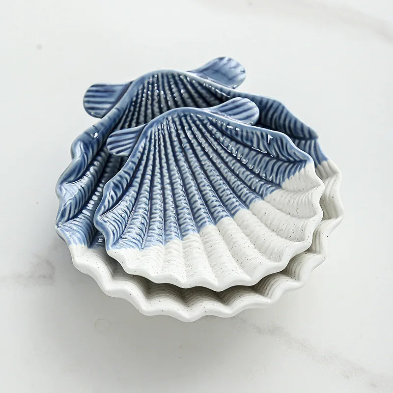 Blue ceramic storage tray, Nordic ocean style shell clam jewelry necklace ring storage tray display stand, fruit vegetable tray