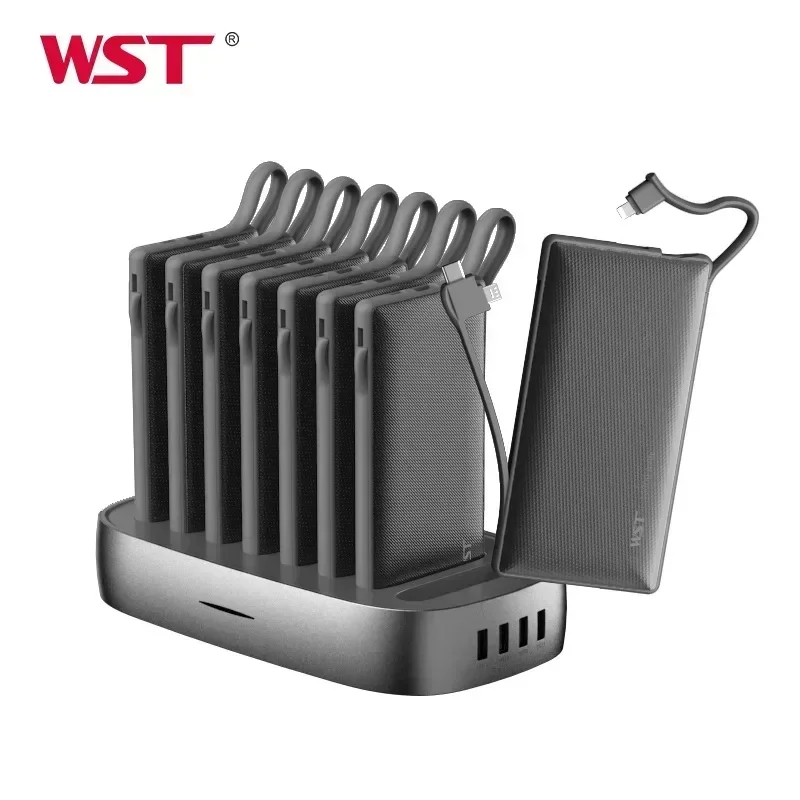 2026 NEW WST 8 slots power bank mobile charger 10000mAh Built-in Cables sharing power bank station charger adapter