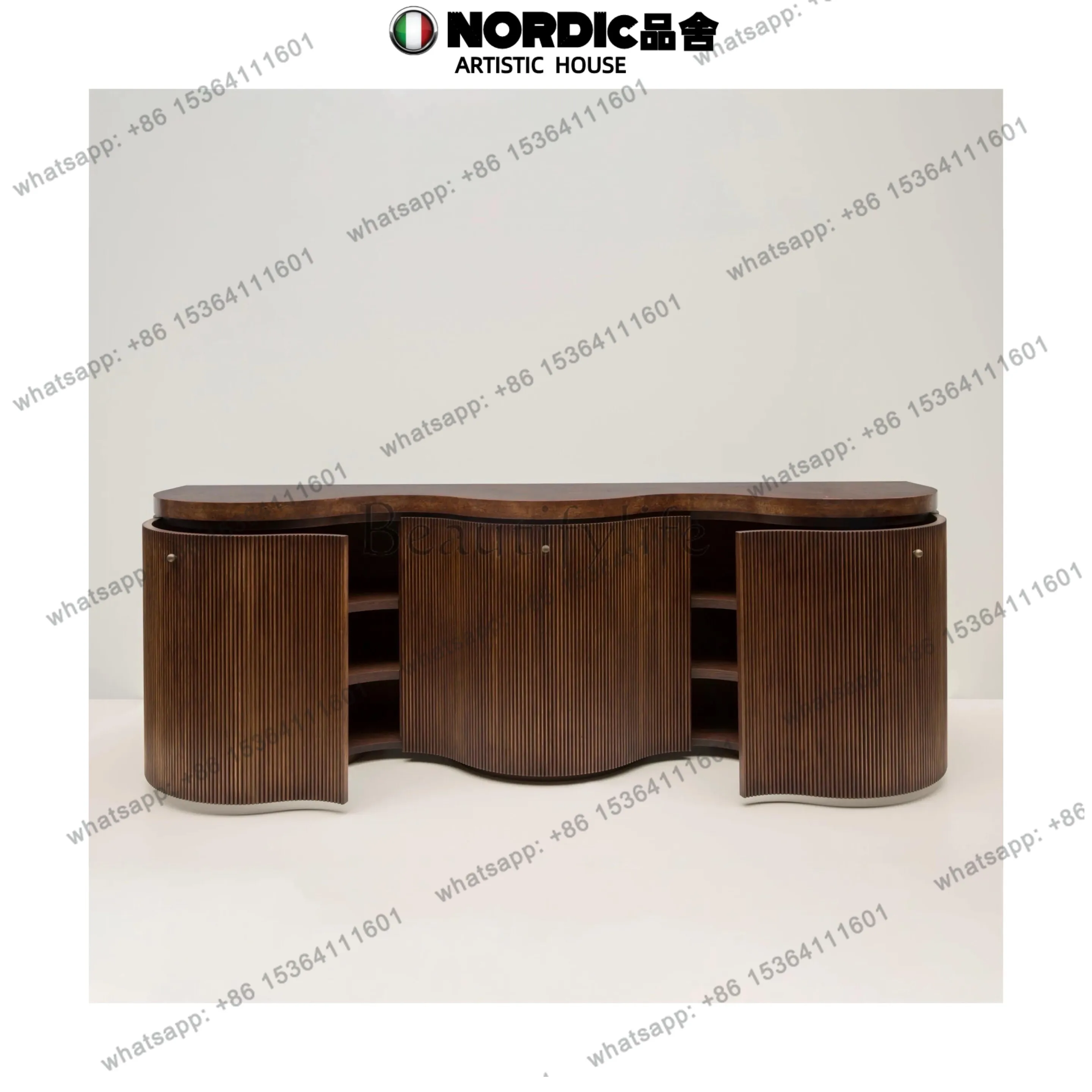 Medieval Style  Art Wave Curved Dining Side Cabinet Sandy Style Retro Storage Cabinet American Country