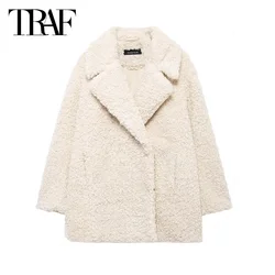 TRAF Beige Faux Fur Coats Women's 2024 Autumn Winter Oversized Long Sleeve Outerwears Ladies Fashion Casual Elegant Long Jackets