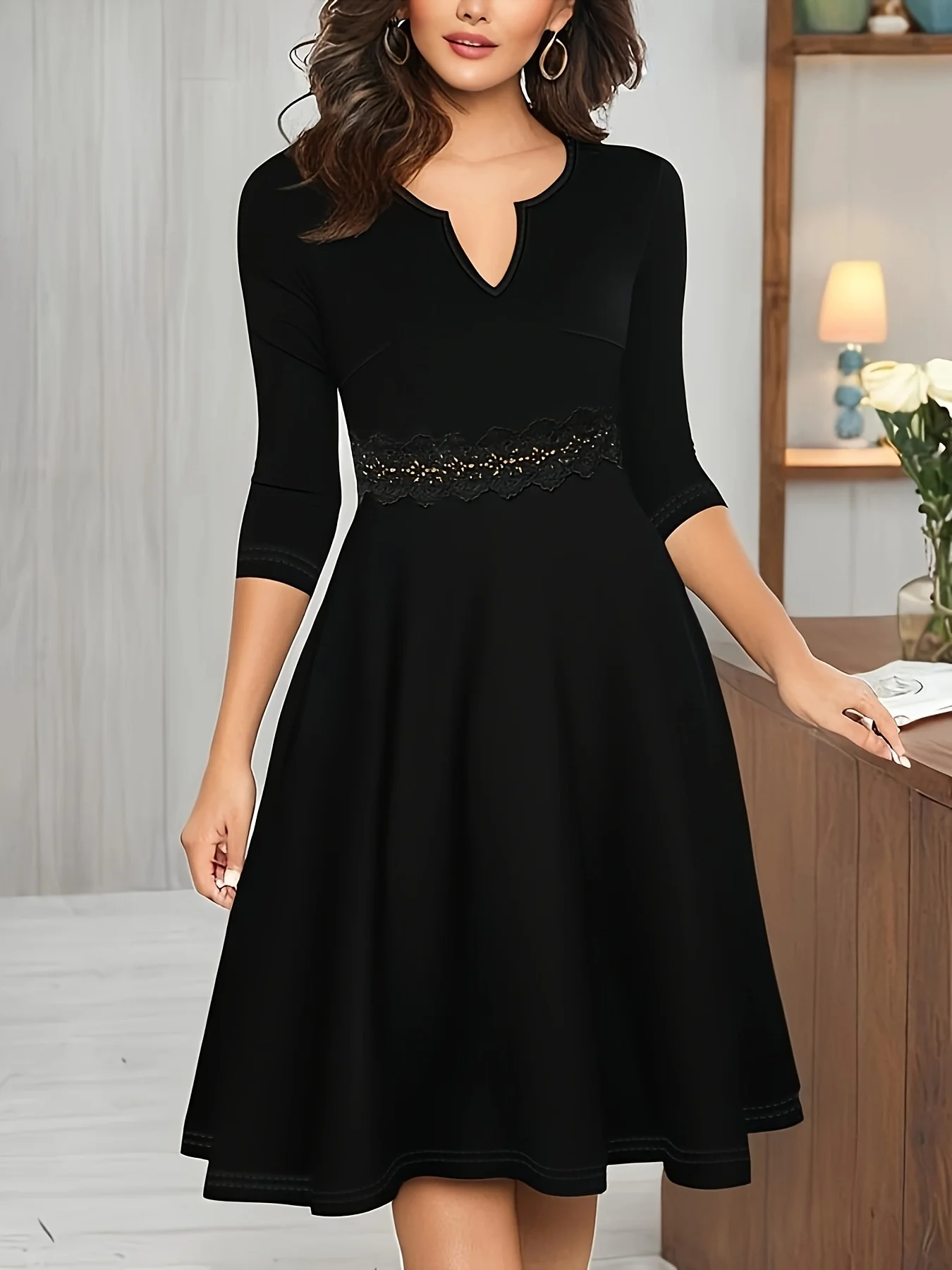 Robe mi-longue évasée noire à manches 3/4 et col cranté pour femme - Robe de soirée élégante moulante pour soirée et tous les jours