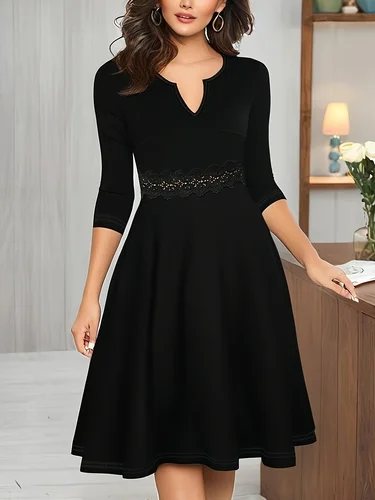 Vestido midi acampanado con panel de encaje y manga 3/4 con cuello entallado negro para mujer - Vestido de fiesta de cóctel ajustado elegante para la noche y el diario