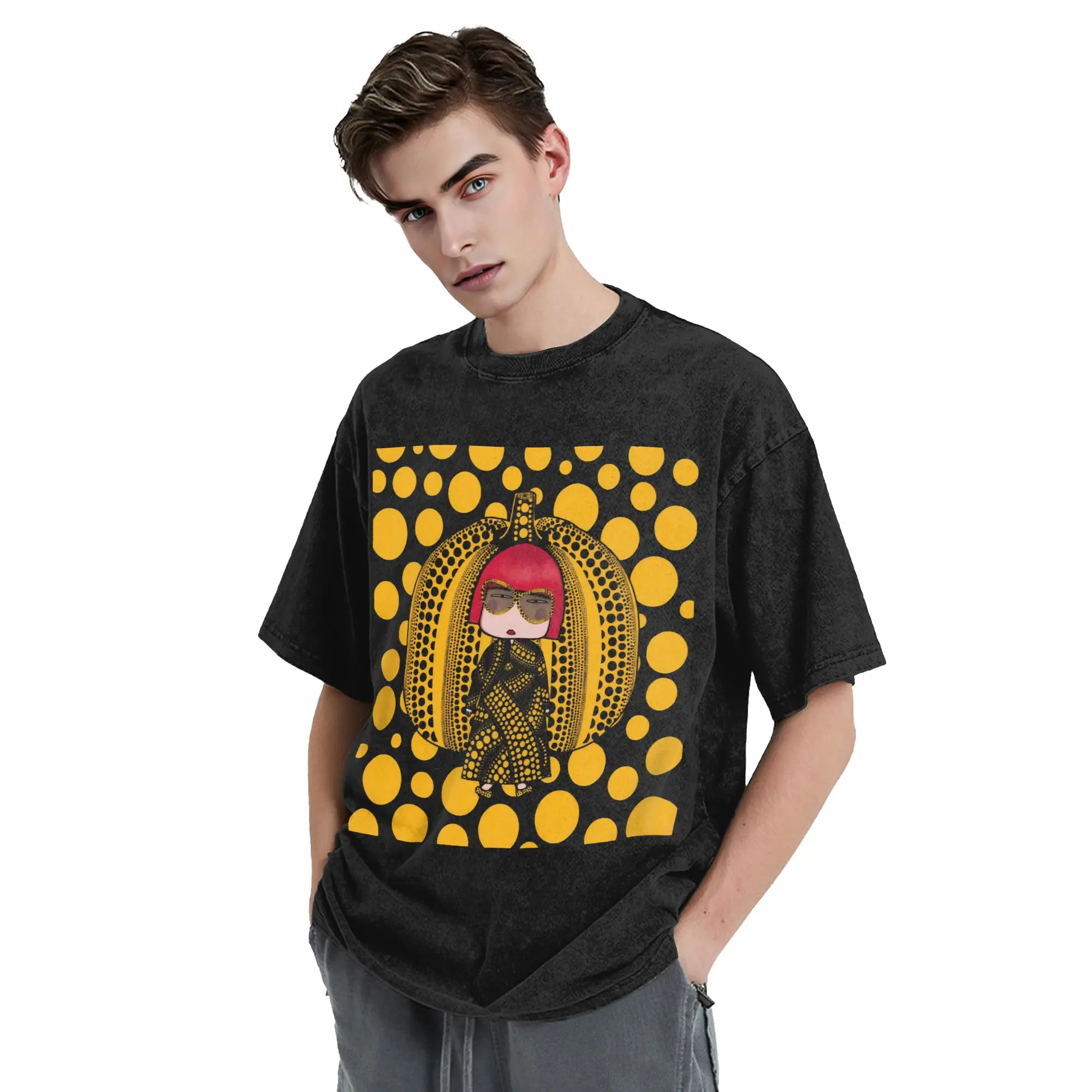 Washed T Shirt Yayoi Kusama Pumpkin Dots Hip Hop Vintage T-Shirt Streetwear 100% Cotton Summer Tops Tops Tees for Men Women