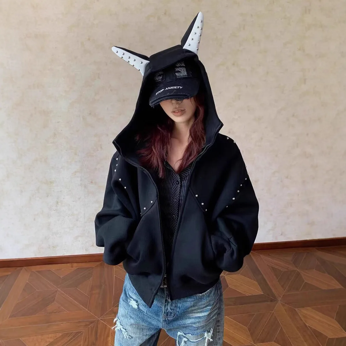 2025 Autumn Winter Women's Cool Short Hoodie Rivet Patchwork Doberman Ear Design Trendy Stylish Outerwear
