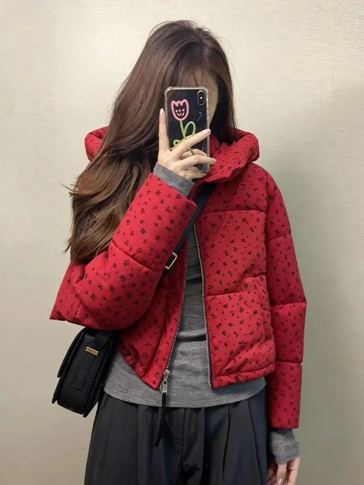 

Sweet Floral Christmas Red Parkas Women Vintage Winter Korean Puffy Coat Casual Warm Thick Long Sleeve Hooded Retro Cute
