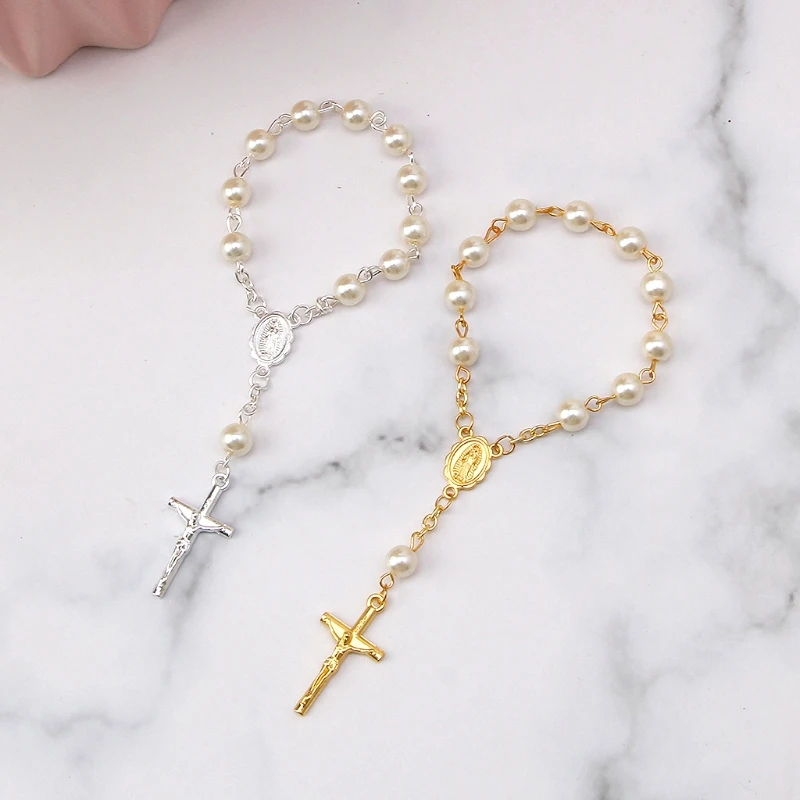 NEW Catholic Cross Finger Chain Mini Rosary Finger Baptism Rosaries Faux Pearls Bracelet for Baptism Favors Christening