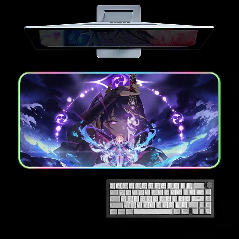 Raiden Shogun Genshin Mouse Pad RGB Gaming Mouse Pad Desk Mat HD Gamer Large LED Light XXL MousePads