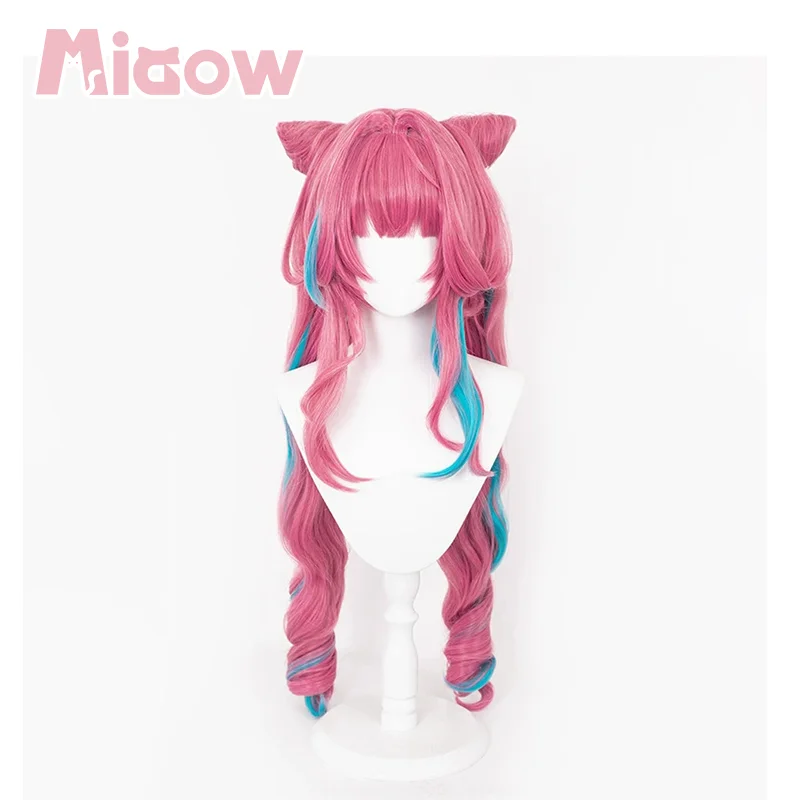 Game Arknights Endfield Yvonne Cosplay Wig Pink Curly Twin Ponytails with Blue Highlights Heat Resistant Synthetic Wig for Party