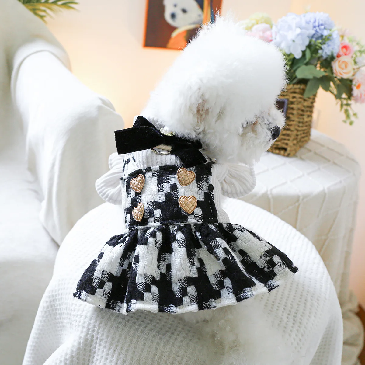 Pet Plaid Bow Montage Two-piece Dress Dog Autumn and Winter Plaid Coat Cat Clothing Love Suspender Skirt Puppy Clothes