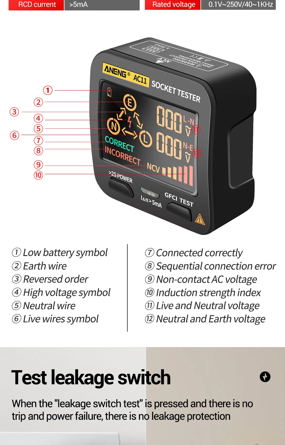 ANENG AC10/AC11 Steckdosendetektor US/EU/UK Stecker Ground Zero Line Stecker Polarität Phasendetektor Steckdosentester Smart Digital Tester – Detail 5