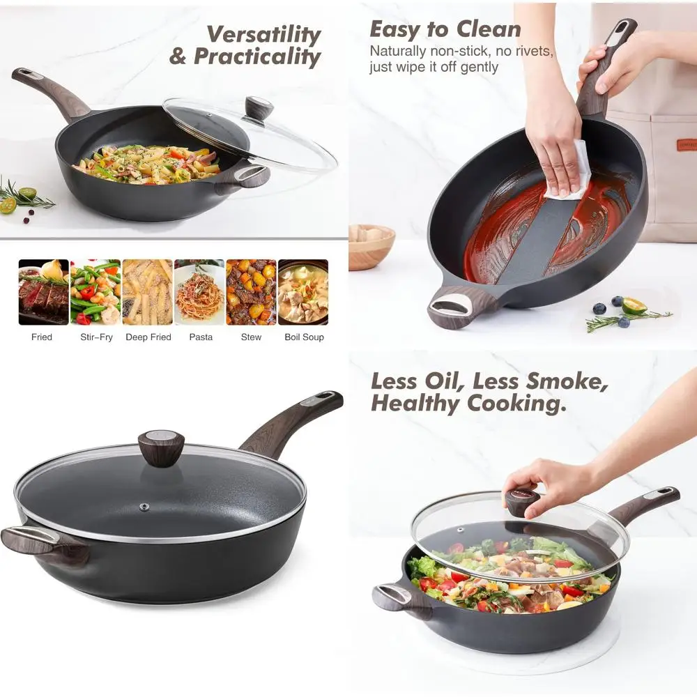 

12-дюймовая глубокая сковорода с антипригарным покрытием и крышкой, большая сковорода на 5 литров, индукционная, термостойкая ручка