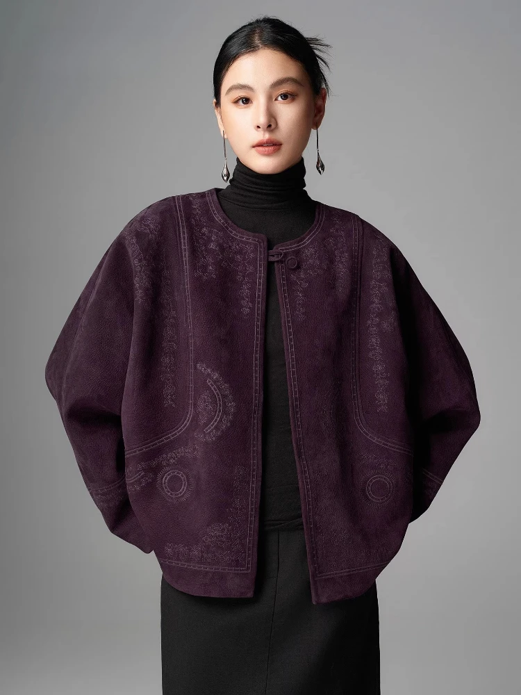

Vintage Short Genuine Leather Jackets Women High-end Simple O-neck Hand-made Embroidery Deer Texture Real Goatskin Leather Coat