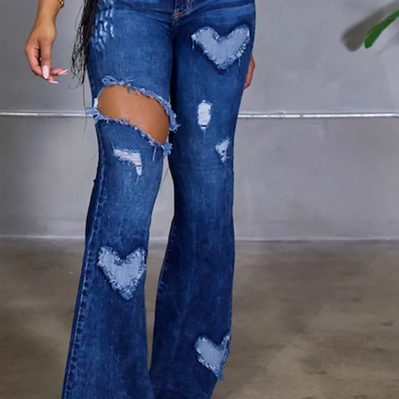 New Heart-shaped Flared Pants Mom Jeans Retro Blue Cute Flared Long Jeans Women's Fashion Ripped High Waist Casual Jeans Pants