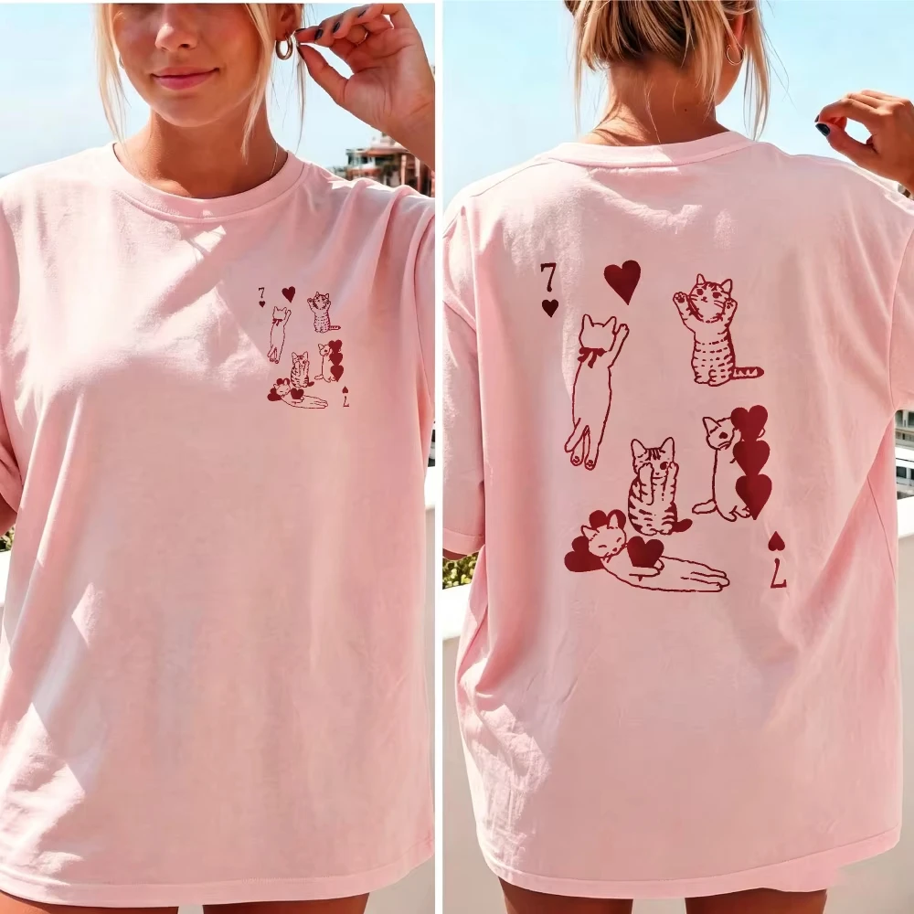2026 Women Red Line Heart Playing Cats Playing Card Graphic T Shirt Cute Sketch Kitty Poker Element Cotto
