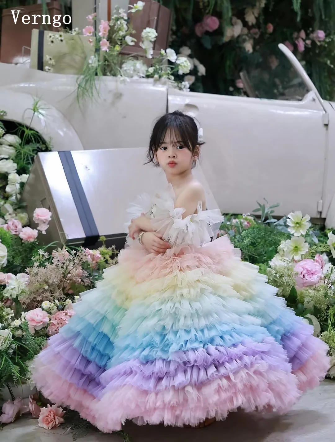 Verngo Colorful Princess Girl Birthday Party Dress Celebrity Purim A Line Tiered Kid Prom Gowns Luxury Ball Gowns Customized
