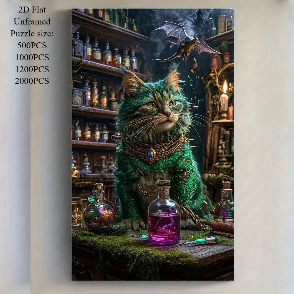 

75*50cm 1000 Pieces Jigsaw Puzzle Green Cat, Magic Potion Stress Reducing Toys Holiday gift Perfect for DIY Creative