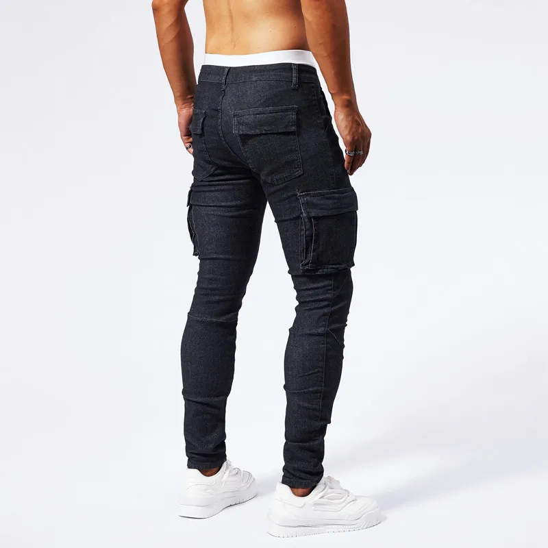 Men's Autumn Jeans European Casual Workwear Multiple Side Pockets Slim Fit Tapered Leg Youth Fashion 2025 Spring New Arrival