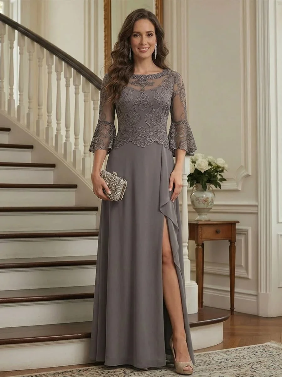 Customized Sheath Chiffon Mother of Bride Dress Illusion Lace 3/4 Bell Sleeve High Side Slit Ruched Formal Evening Gown
