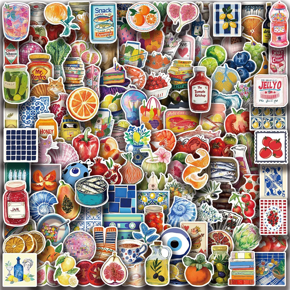 

10/30/50/100pcs Vintage Mediterranean Tomato Food Stickers Aesthetic Kid Toy Waterproof DIY Suitcase Laptop Helmet Sticker Decor