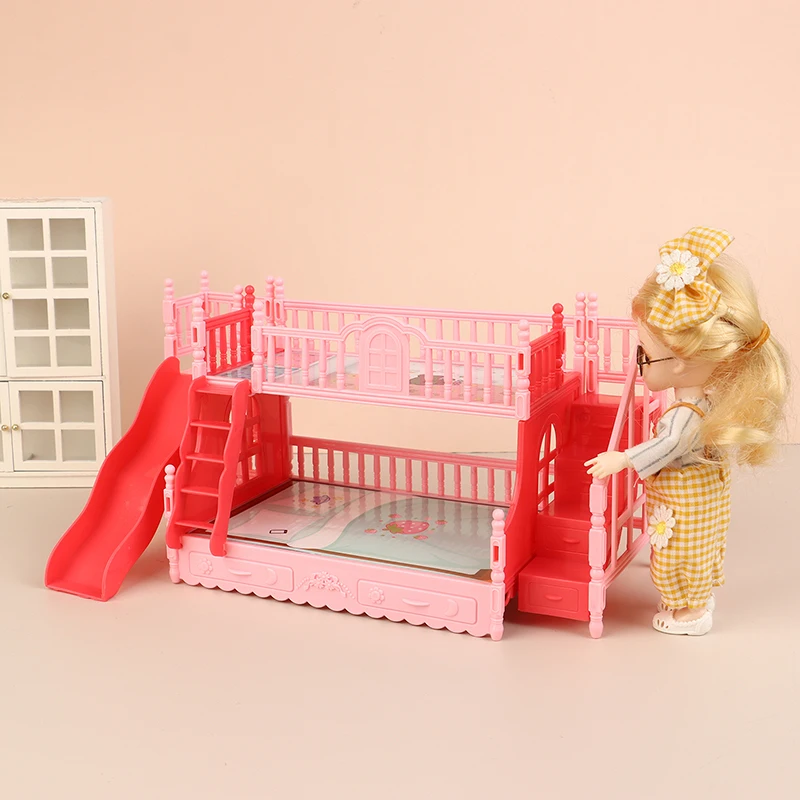 Dollhouse Mini Princess Bunk Bed With Slide Simulation Furniture Accessories Dolls House Bedroom Decoration