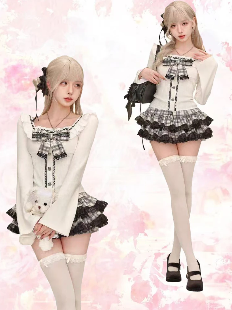 

Japanese Retro Cute Style Gray White Checkered Lace Patchwork Short Skirt Bow Waist Cinching Patchwork Top Two-piece Set Autumn