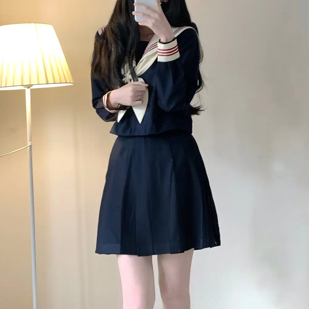 Zoete Japanse JK Leeftijdsverlagende College Marine Kraag Lange Mouw Los Shirt Lente Herfst Meisjes Mode Losse Geplooide Rok Sets