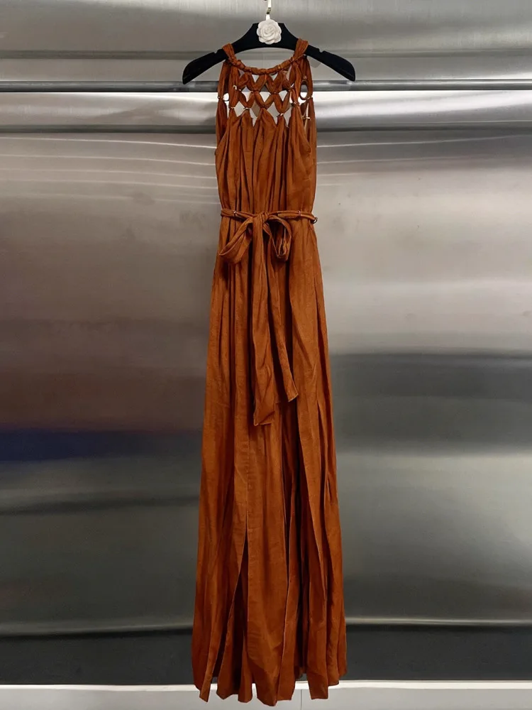 DFDG lente zomer 2025, dames bohemien sexy halter uitgesneden maxi-jurk onregelmatig lint ontwerper strandfeest lange jurk