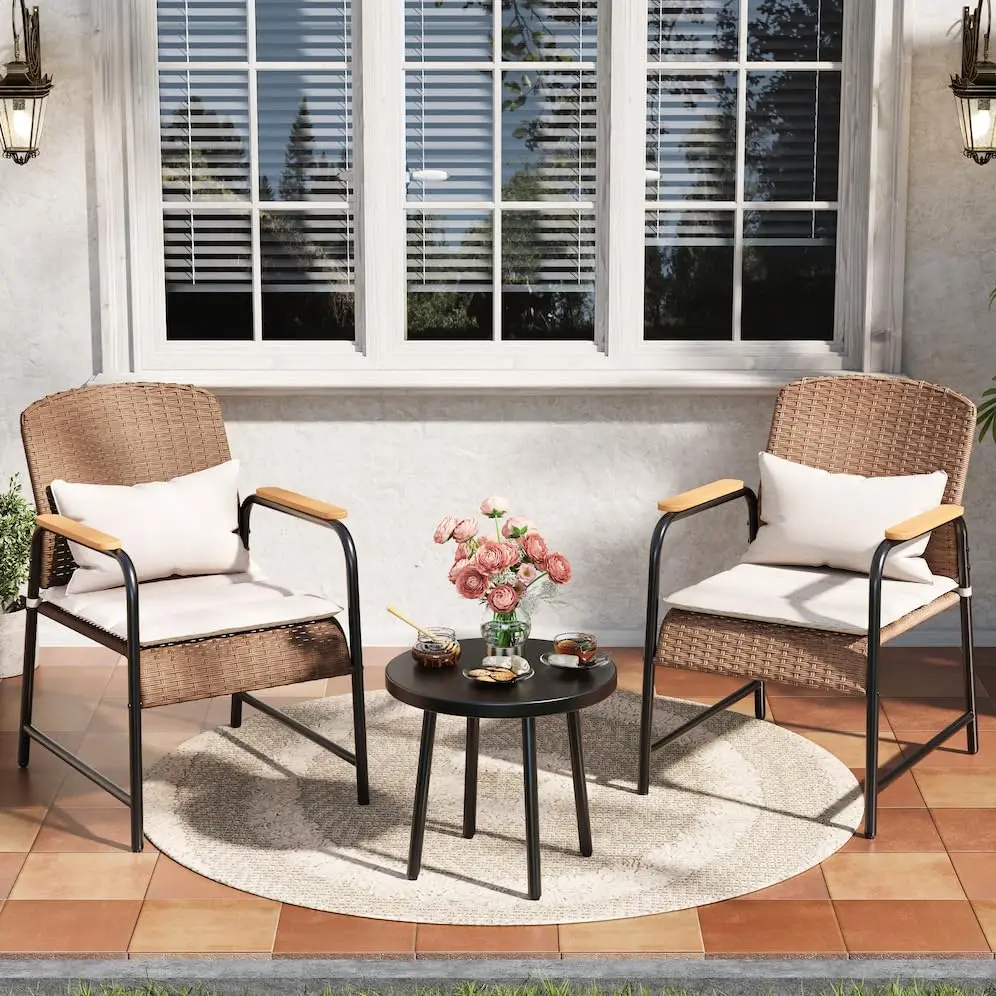 

3pc All-Weather Wicker Patio Bistro Set W/ Coffee Table & Cushions For Yard Garden Balcony, Customized