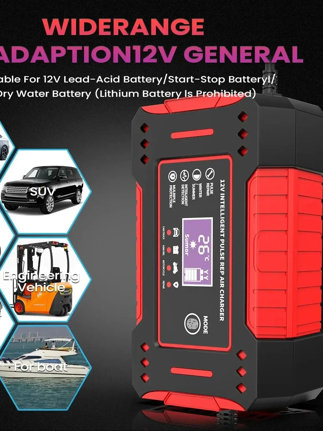 Smart Car Battery Charger 12V, EU Plug Motorcycle Battery Maintainer with LCD Display for Lead-Acid 