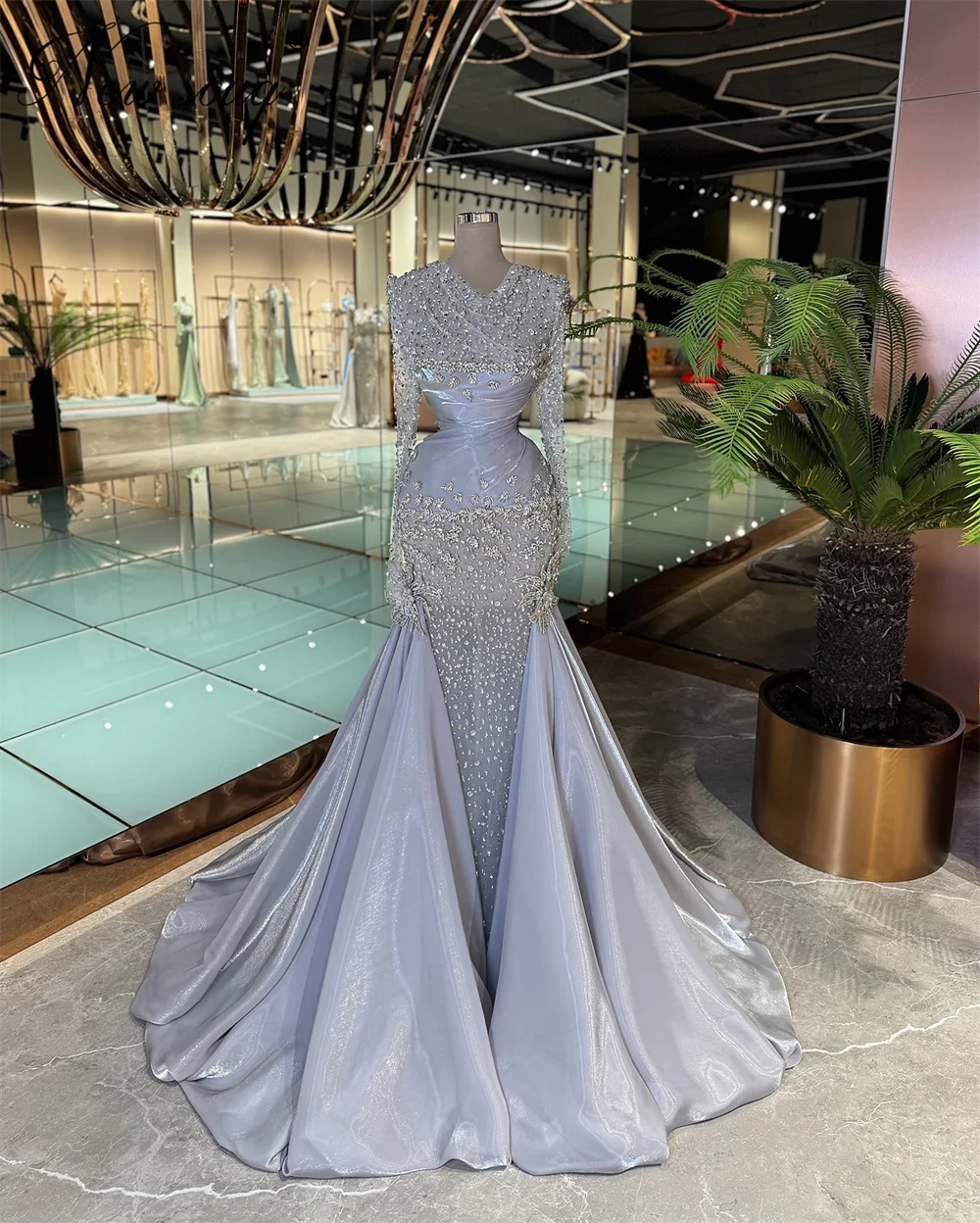 

Charming Silver Mermaid Wedding Party Gowns Muslim Long Sleeves Beaded Evening Gowns Cocktail Dress Vestidos De Gala Customized