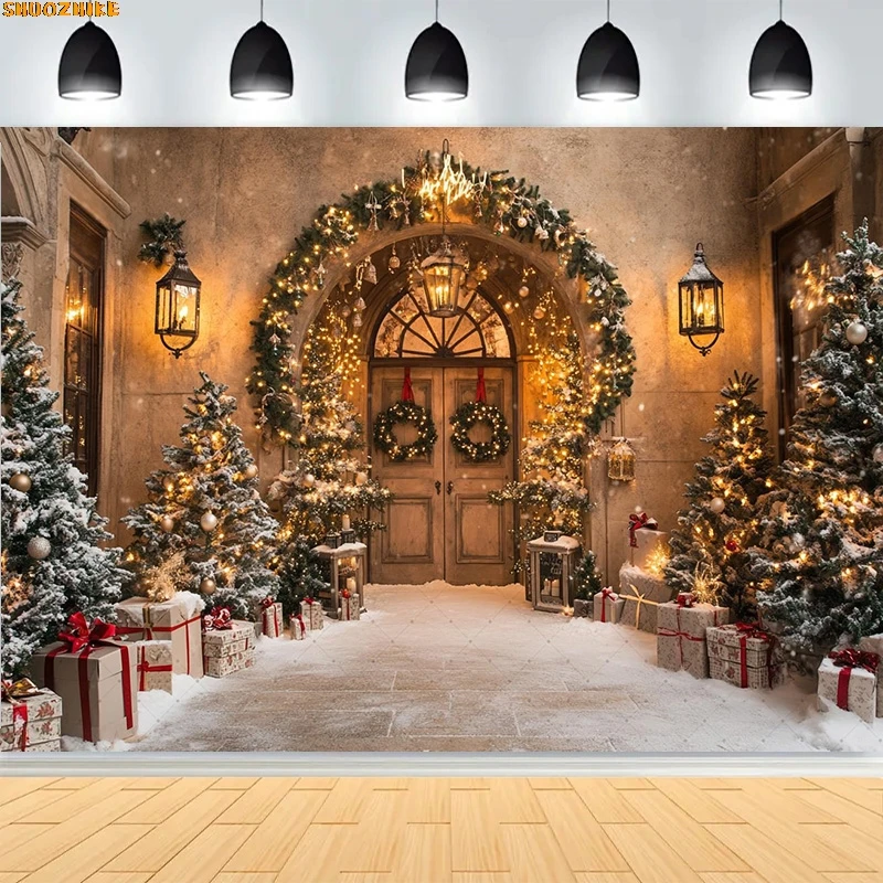 

Christmas Day Wreath Family New Year Party Photography Backdrops Prop Window Living Room Xmas Tree Gift Snow Background WD-18