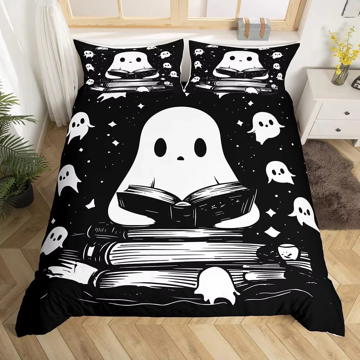 Cute Floral Ghost Duvet Cover Twin King for Boys Girls Room Decor Halloween Theme Bedding Set Boho Flower Print Comforter Cover