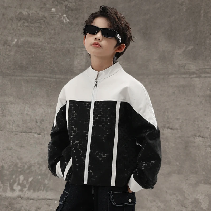 Boys Brand Splicing Stand Collar Jacket Spring Autumn Casual Trendy Kids Fashion Outerwear Tops