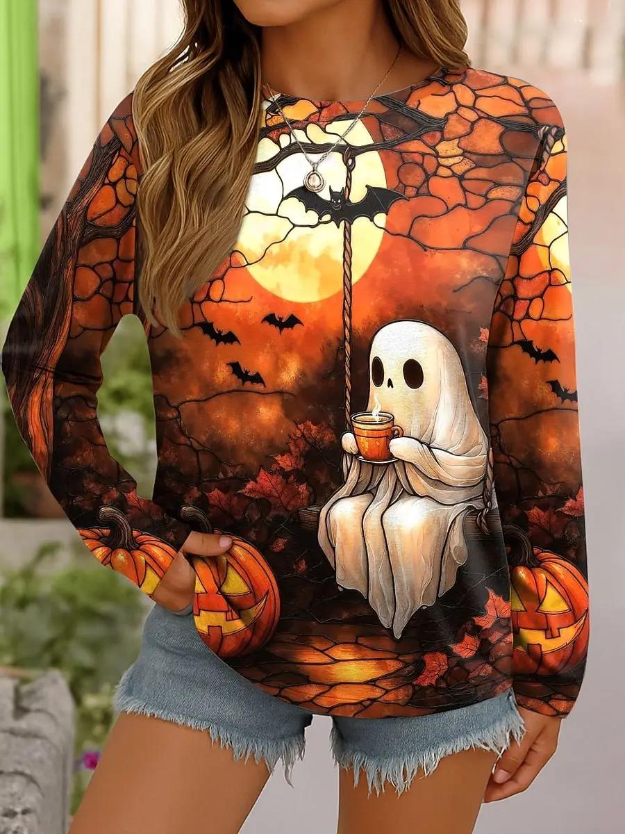 

Women's Dark Style Halloween Shirt Vintage Distressed Pumpkin Ghost Print Round Neck Long Sleeve Polyester Fabric