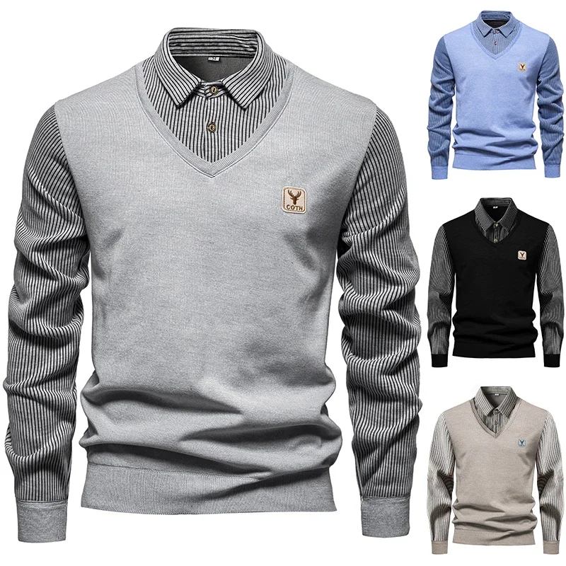 Thick Fleece Fake Two Piece Knit Sweater Men V Neck Rib Trim Striped Shirt Collar Casual Long Sleeve Warm Pullover