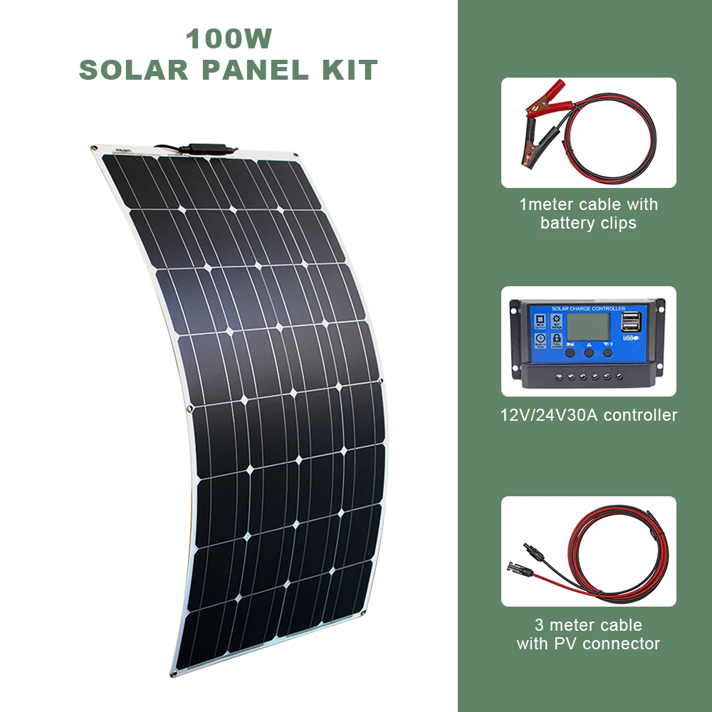 

100W & 200W Flexible Solar Panel 12V For Home Outdoor Battery Charger RV Boating Camping Hiking Car