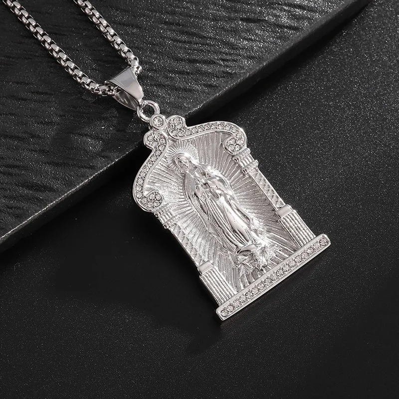 New Catholic Virgin Mary Stainless Steel Necklace with Rhinestone Religious Faith God Hip Hop Pendant Exquisite Party Gifts