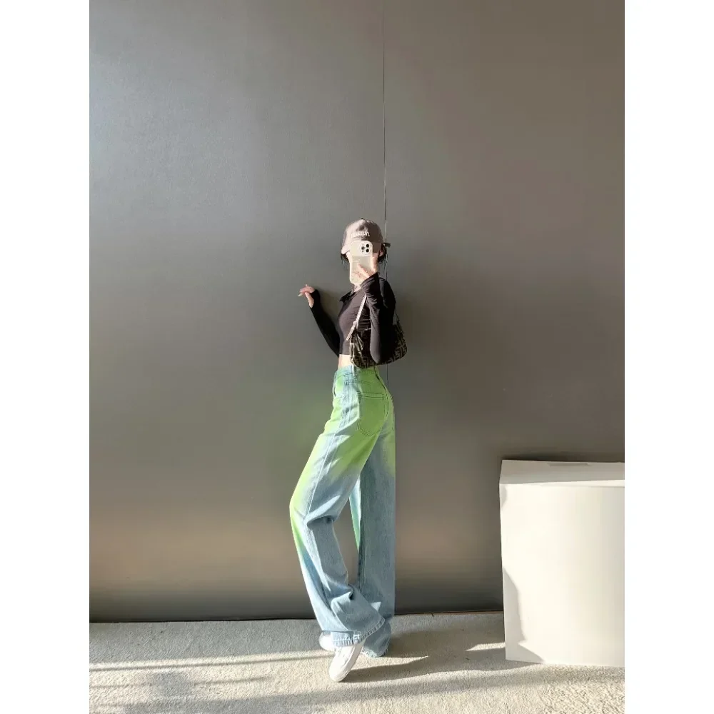 Gradient Washed Straight Wide Leg High Waist Pants Woman Baggy Trousers For Women Jeans Bottoms Motorcycle Youthful Clothes