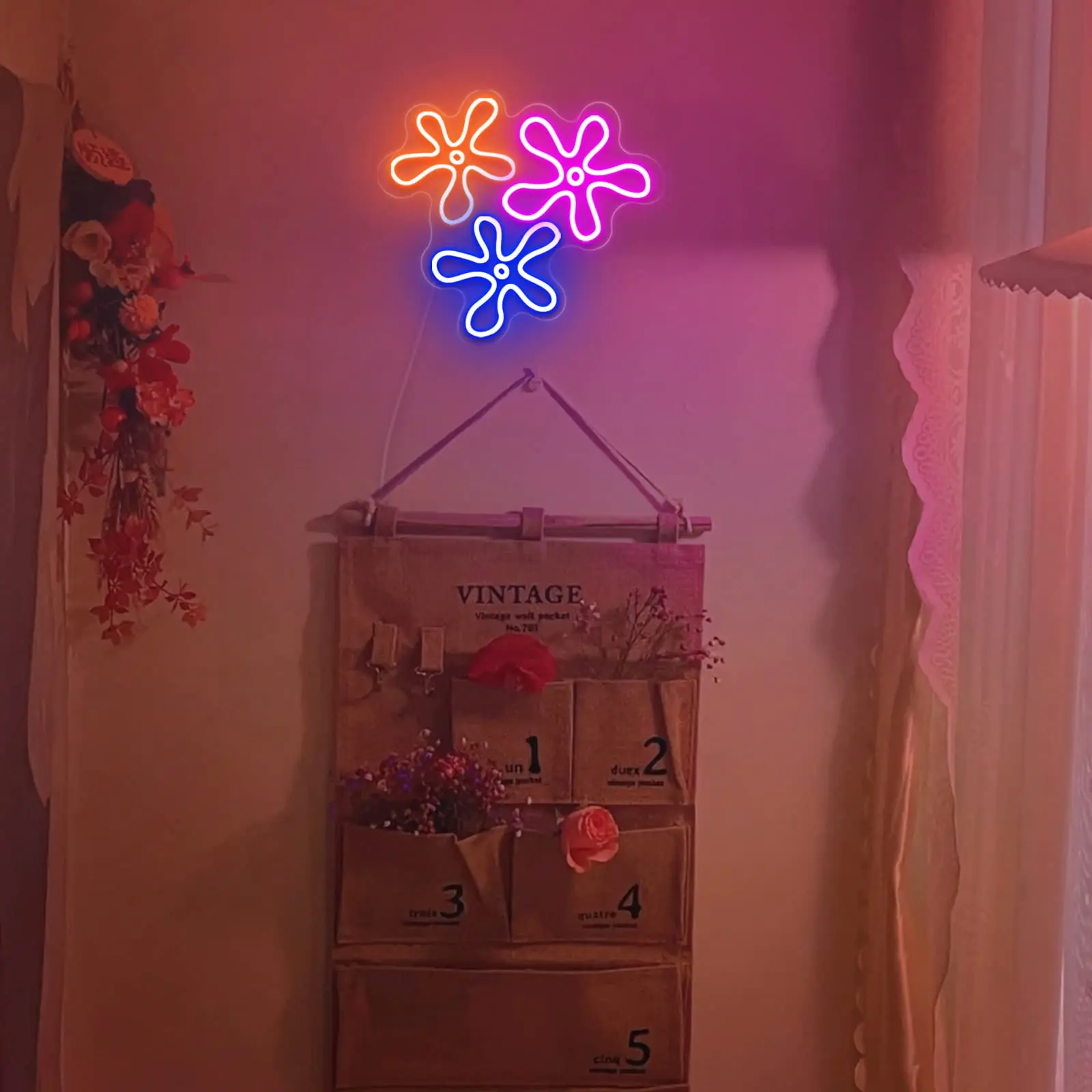 Flower LED Neon Signs Lights for Bedroom Wall Decor Colorful Flowers Signs for Girls Kids Gifts, Room Birthday Party Decoration