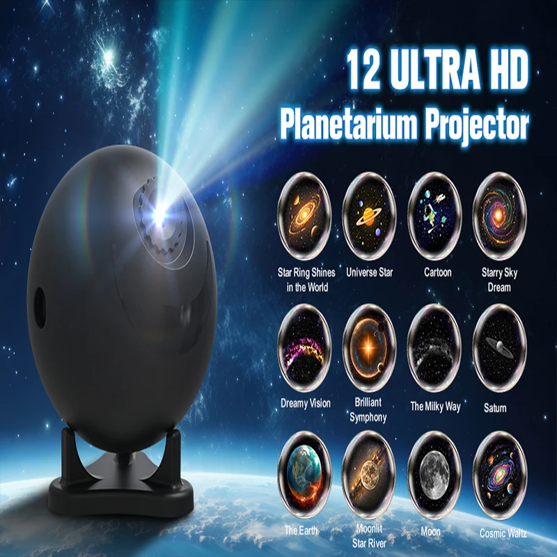 Galaxy Star Projector Night Light, 12 Film Discs, Ultra HD Projection, Whisper-Quiet, USB Powered, Auto Shut-Off