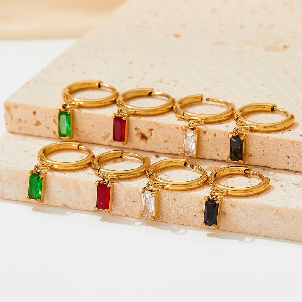 

Trendy Hot Selling Small Hoop Emerald Zircon Earrings 14K Gold Plated Stainless Steel Square Zircon Earrings Jewelry