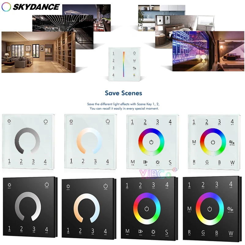 Panel táctil montado en la pared de un solo Color, controlador de tira LED CCT/RGB/RGBW, 110V-220V CA, 4 zonas, DMX 512, atenuador de rueda de Color maestro