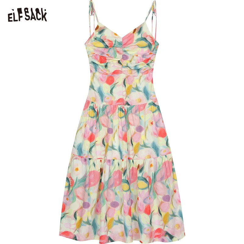 ELFSACK 2024 Summer New Arrivals V-neck floral waist slimming holiday style suspender dress for Women